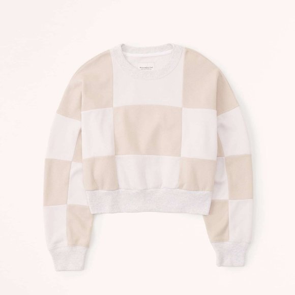 Abercrombie & Fitch Checkered Crew Sweatshirt NWOT Size Small White & Cream - Picture 2 of 3